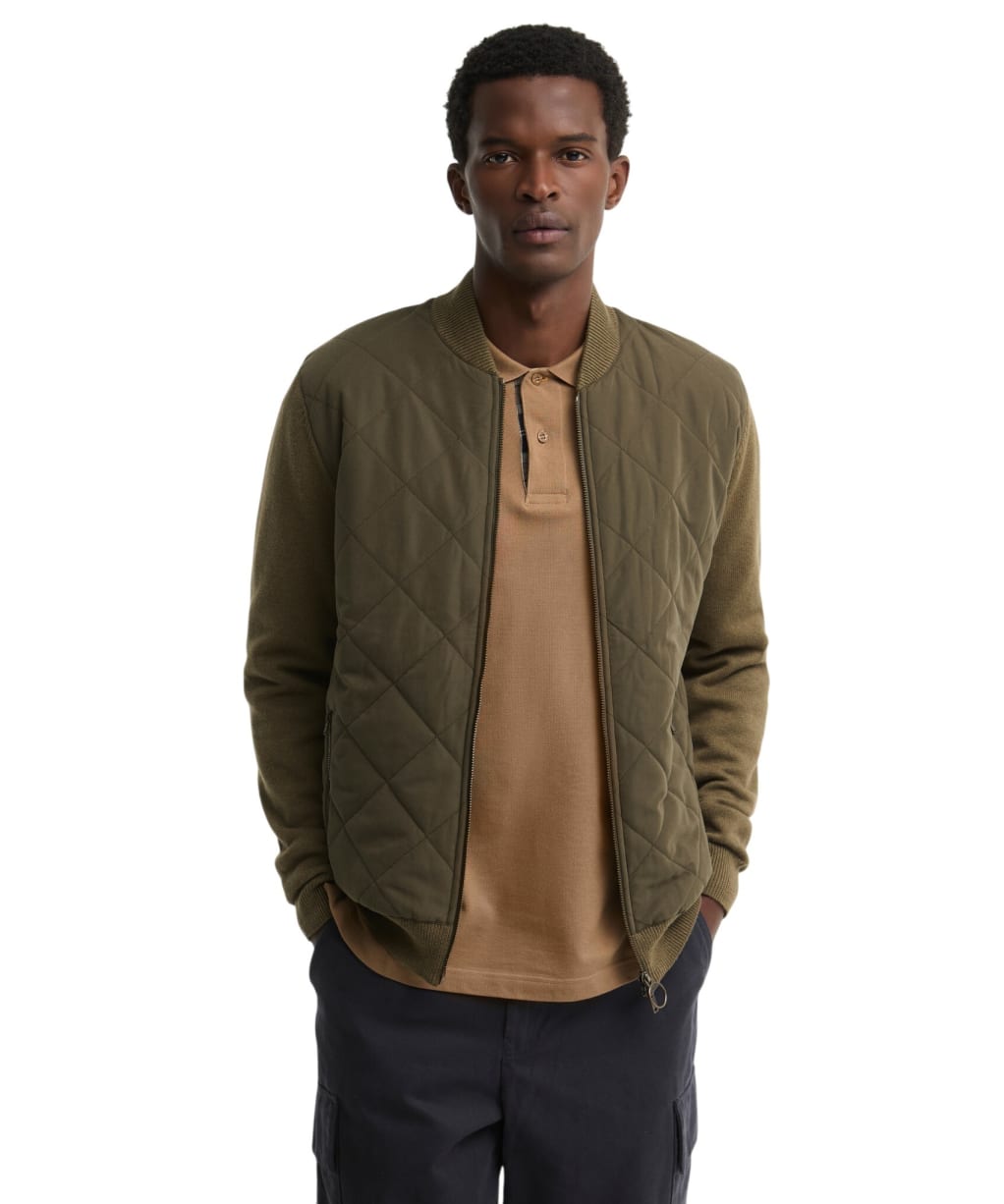 Men's Barbour Quilted Front Knitted Zip Through Jumper - Olive