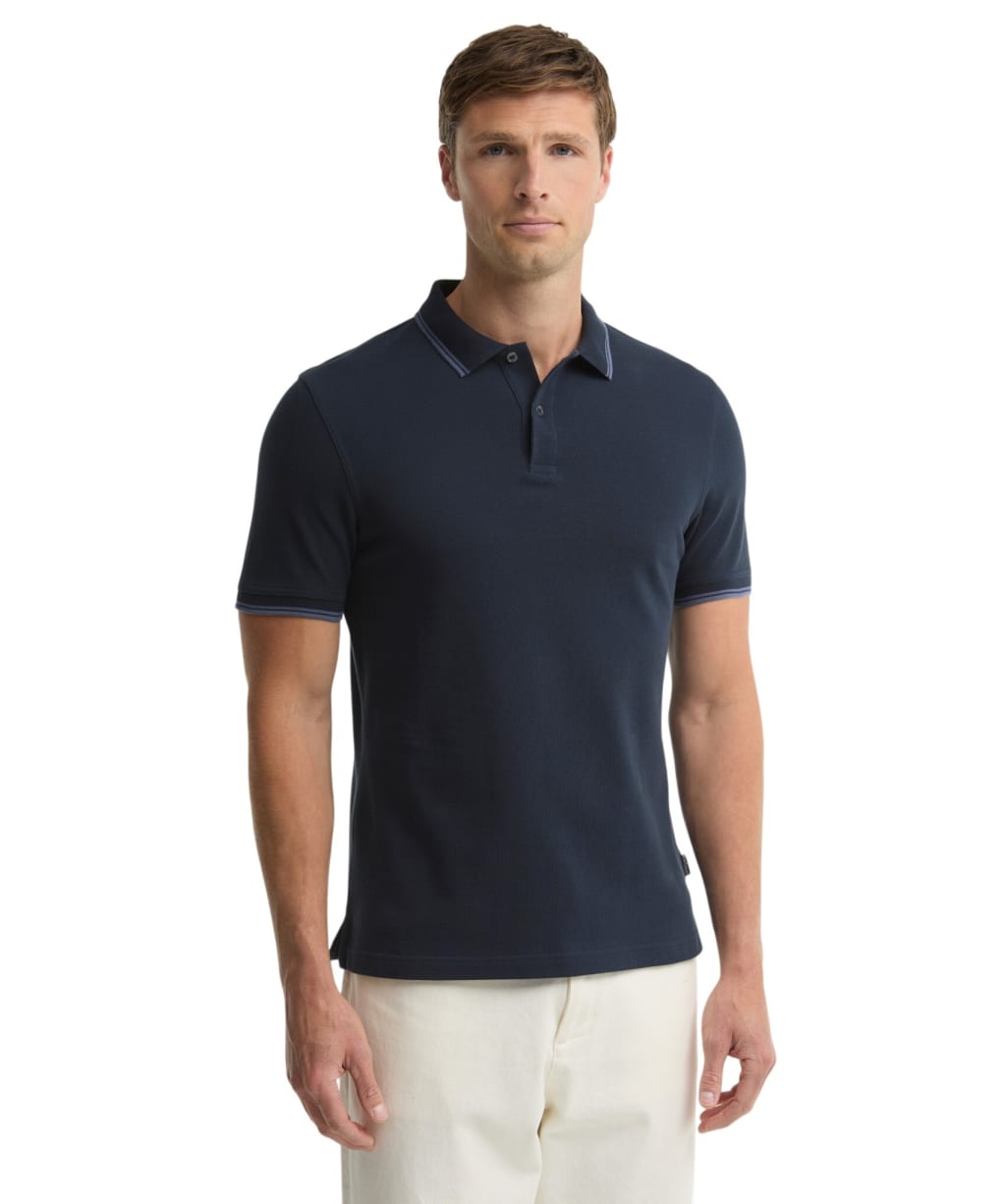 Men's Barbour Lunan Tartan Trimmed Tailored Polo Shirt - Navy