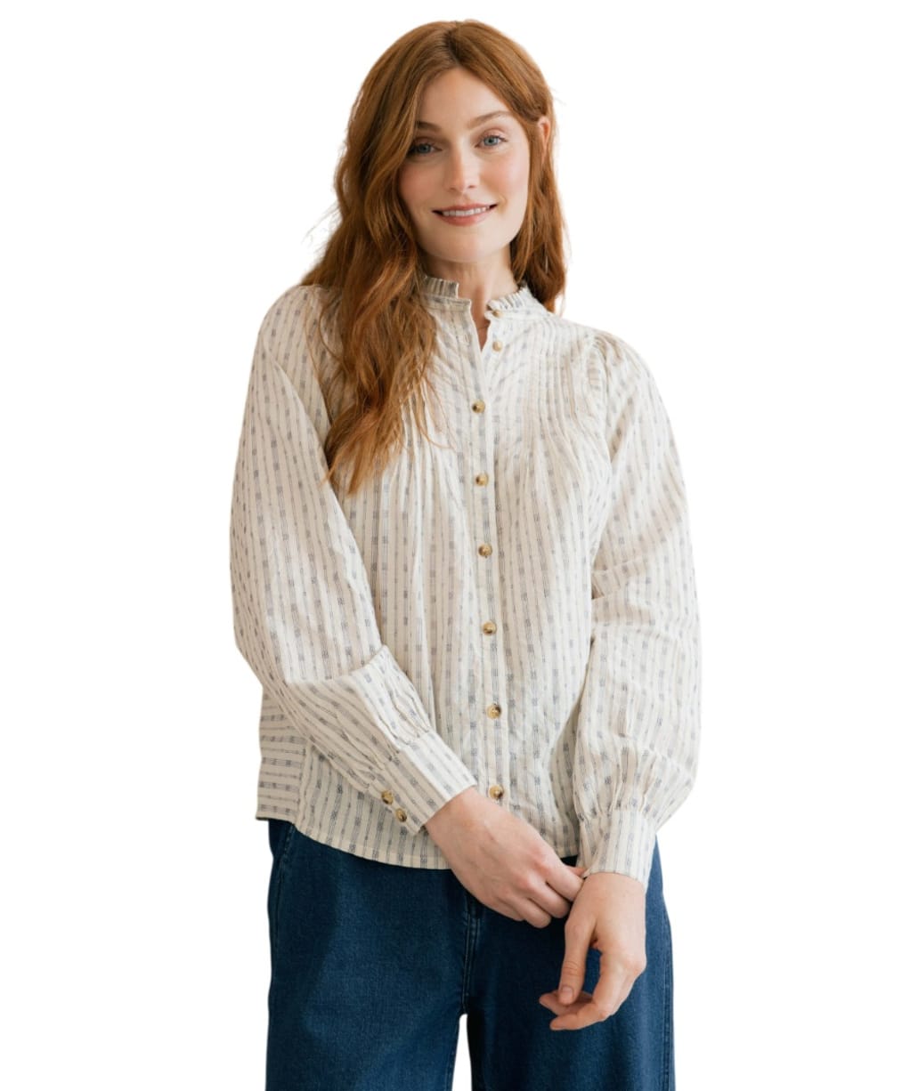 Women's Lily & Me Flora Embroidered Geo Stripe Blouse - Navy / Ecru