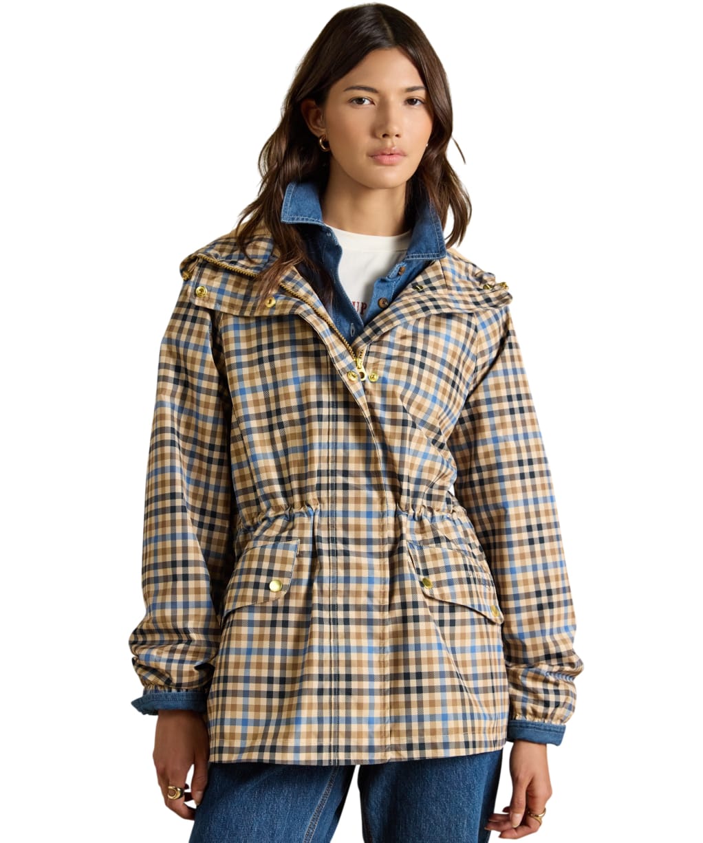 Women's Joules Everdry Waterproof Packable Raincoat - Tan Check