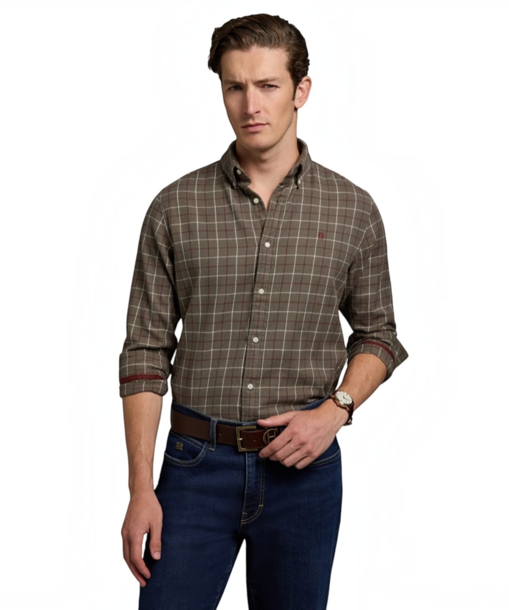 Men's Holland Cooper Classic Button Down Shirt - Ruby / Khaki Check