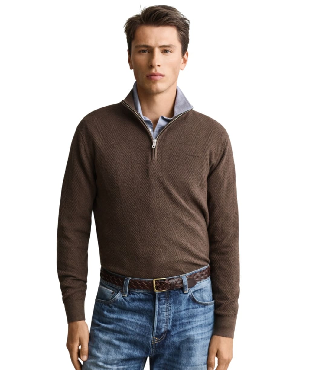  Men's GANT Herringbone Texture Half Zip Sweater - Brown Melange