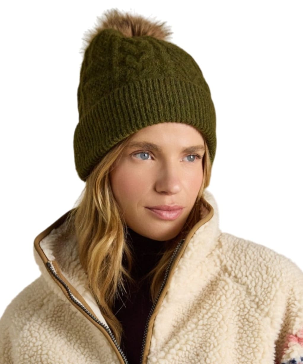 Women's Joules Cable Knit Bobble Hat - Khaki Green