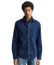 Men's GANT Regular Fit Indigo Herringbone Shirt - Mid Blue