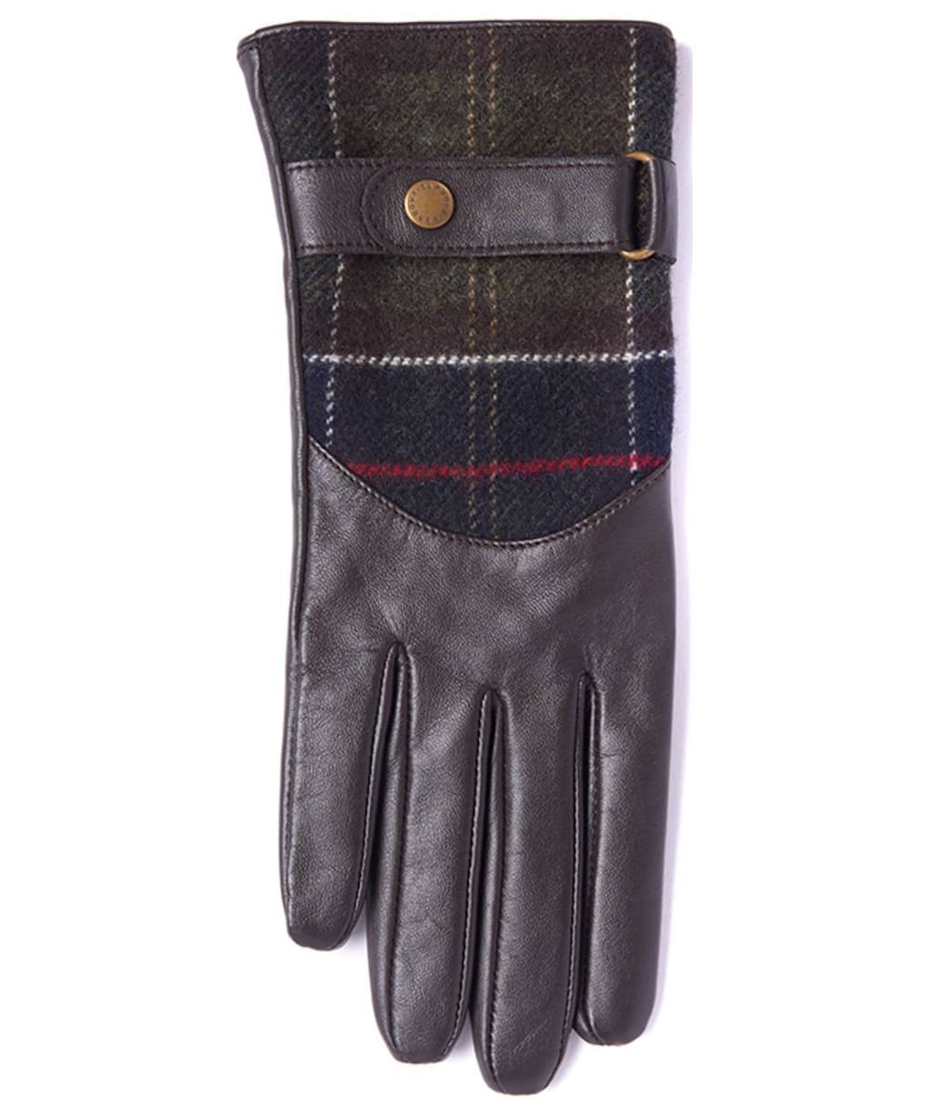 Women's Barbour Dee Leather & Tartan Gloves - Dark Brown