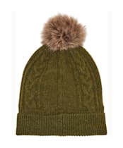 Women's Joules Cable Knit Bobble Hat - Khaki Green