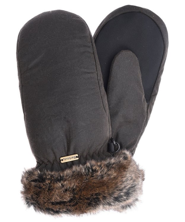 Women's Barbour Wax Faux Fur Trim Mittens - Olive