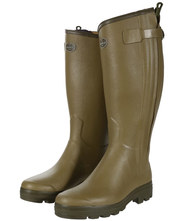 Men's Le Chameau Chasseur Leather Lined Tall Wellington Boots - 46cm Calf - Green