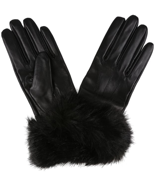 Women's Barbour Fur Trimmed Leather Gloves - Black