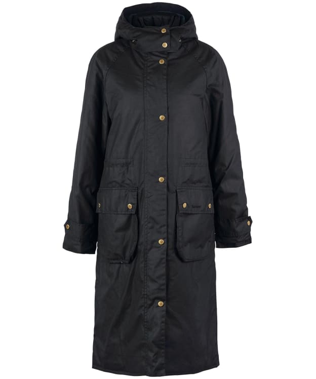 Women's Barbour Long Cannich Waxed Jacket - Black / Black / Sage Tartan