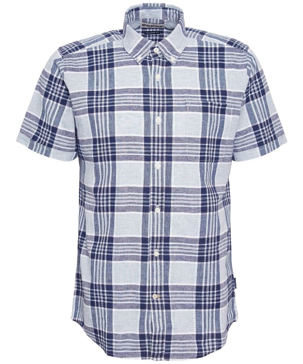 Men's Barbour Reading Short Sleeve Tailored Fit Linen Blend Shirt - Navy