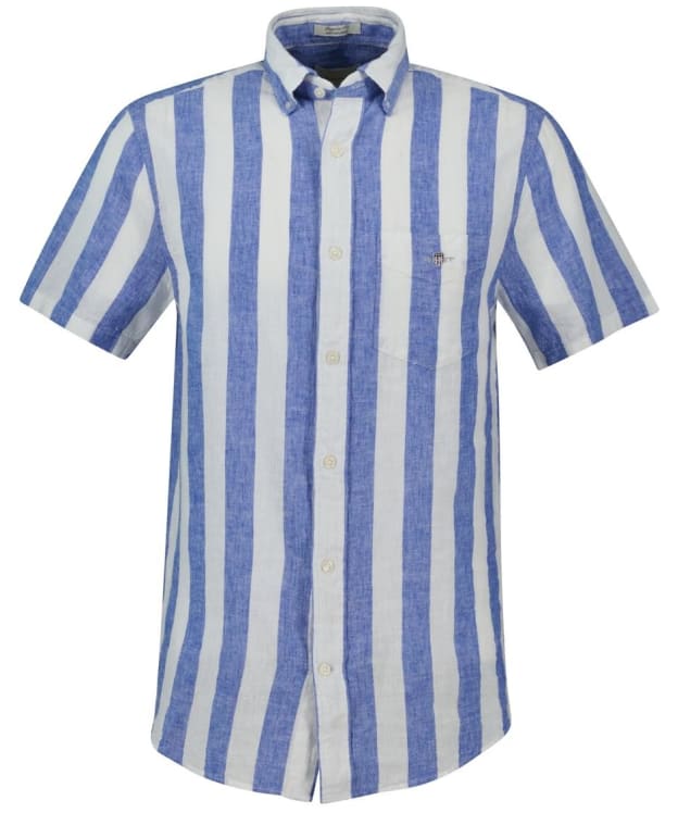 Men's GANT Regular Cotton Linen Stripe Short Sleeve Shirt - Rich Blue