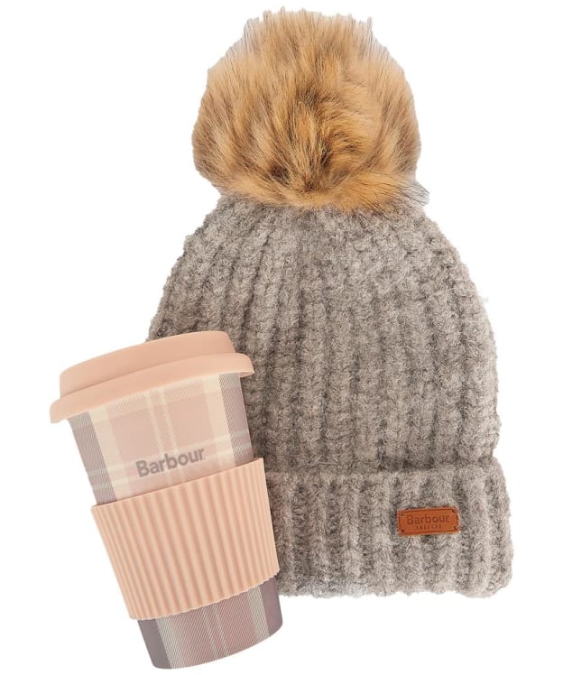 Women's Barbour Travel Mug And Beanie Set - Pink / Grey