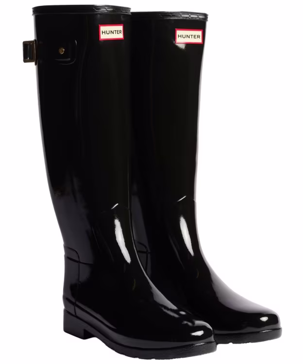 Women's Hunter Refined Gold Trim Tall  Gloss Wellington Boots - Black