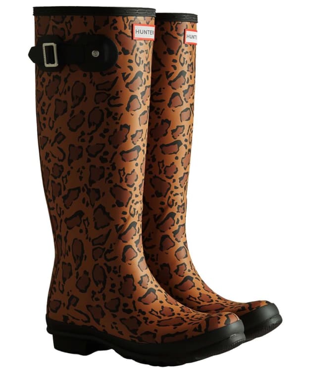 Women's Hunter Original Tall Leopard Print Wellington Boots - Rich Tan / Saddle / Black