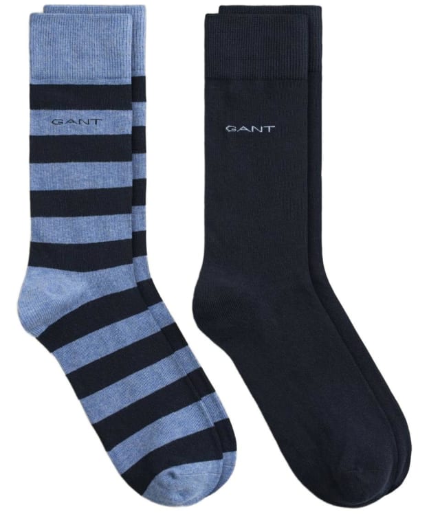 Men's GANT Barstripe and Solid Combed Cotton Socks - 2 Pack - Denim Blue Melange