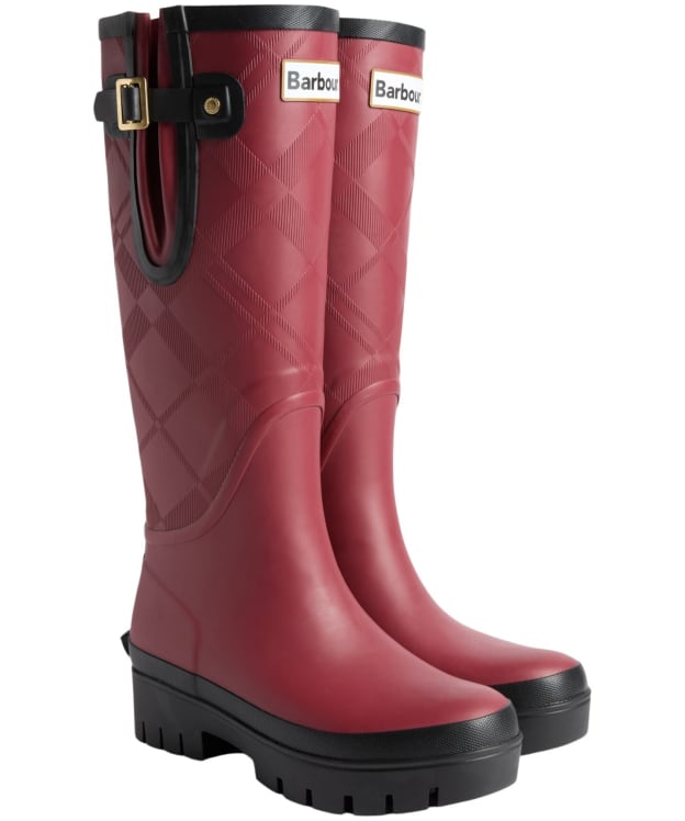 Women's Barbour Leighton Tartan Tall Wellingtons - Cranberry Red