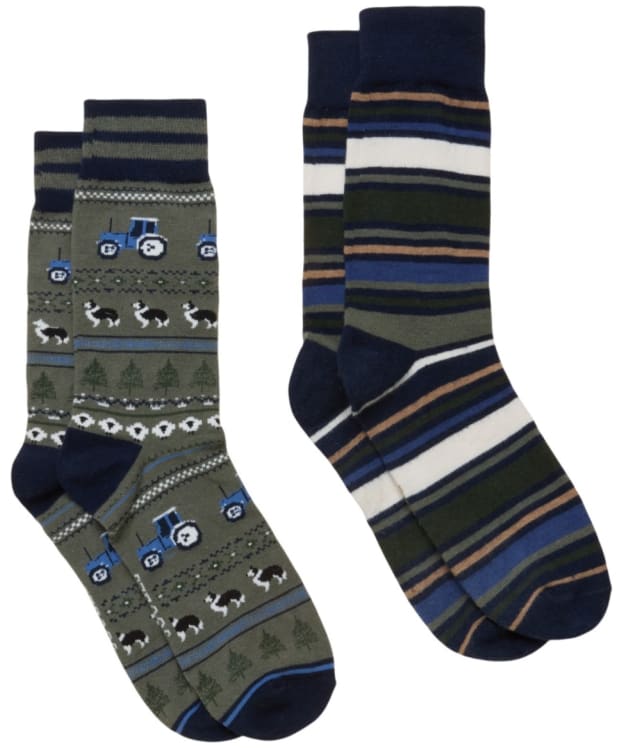 Men's Joules Kingsbury Socks - 2 Pack - Khaki Fairisle / Stripe