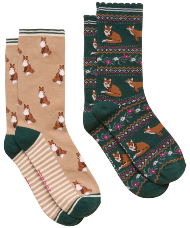 Women's Joules Everyday Sock - 2 Pack - Neutral Green Fox
