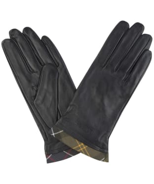 Women's Barbour Tartan Trimmed Leather Gloves - Black