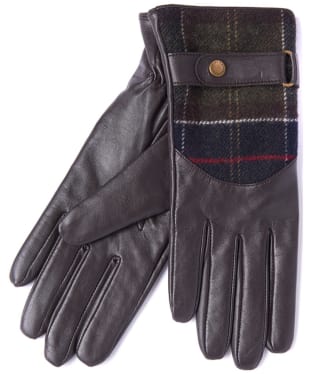 Women's Barbour Dee Leather & Tartan Gloves - Dark Brown
