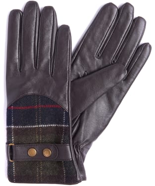 Women's Barbour Dee Leather & Tartan Gloves - Dark Brown