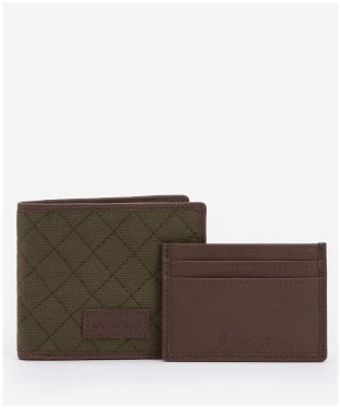 Men's Barbour Quilted Padbury Wallet And Card Holder Gift Set - Dark Brown / Olive