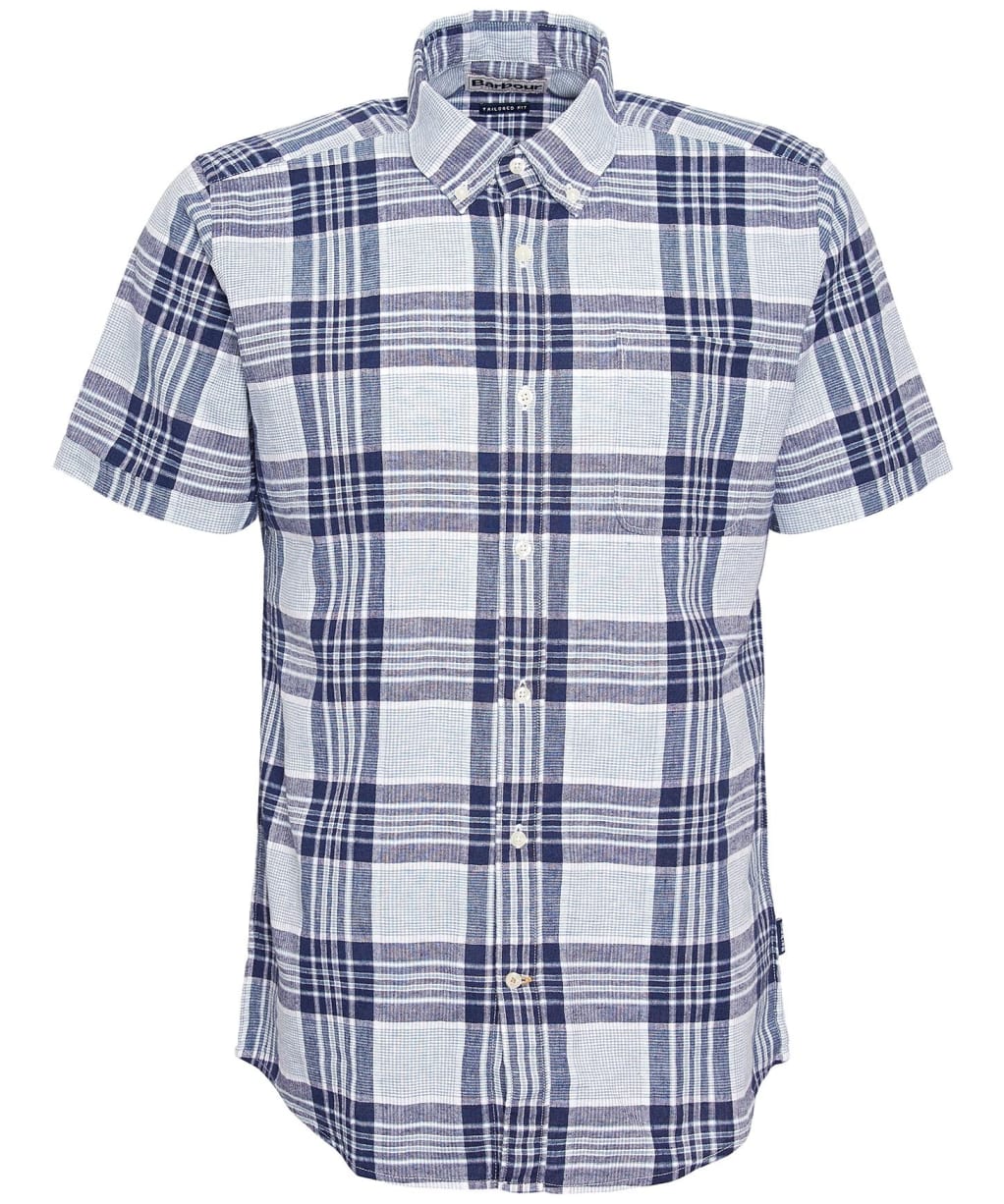 Men's Barbour Reading Short Sleeve Tailored Fit Linen Blend Shirt - Navy