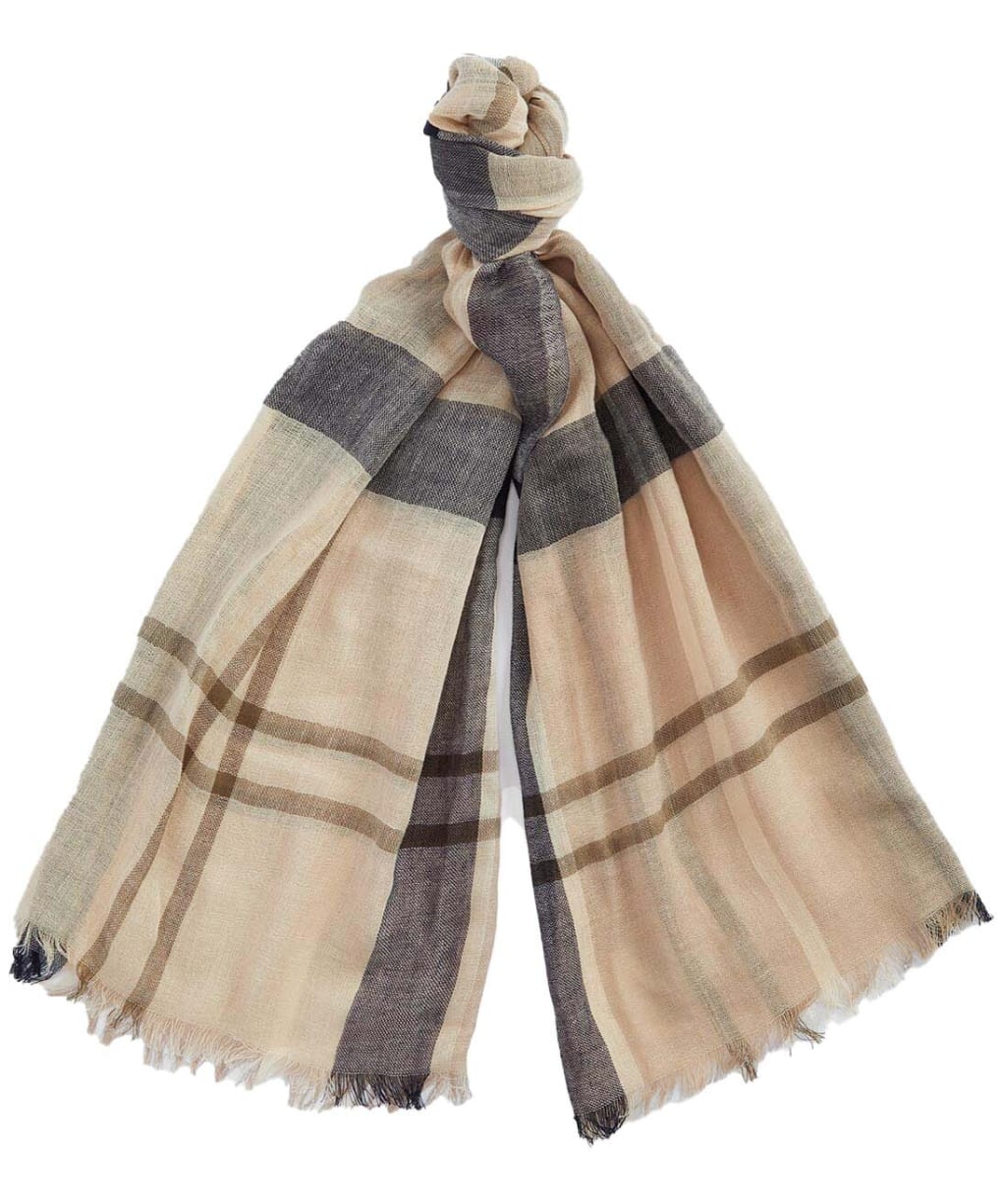 Women's Barbour Abigail Lightweight Cotton Linen Blend Tartan Scarf - Dark Navy / Light Sand / Military Brown