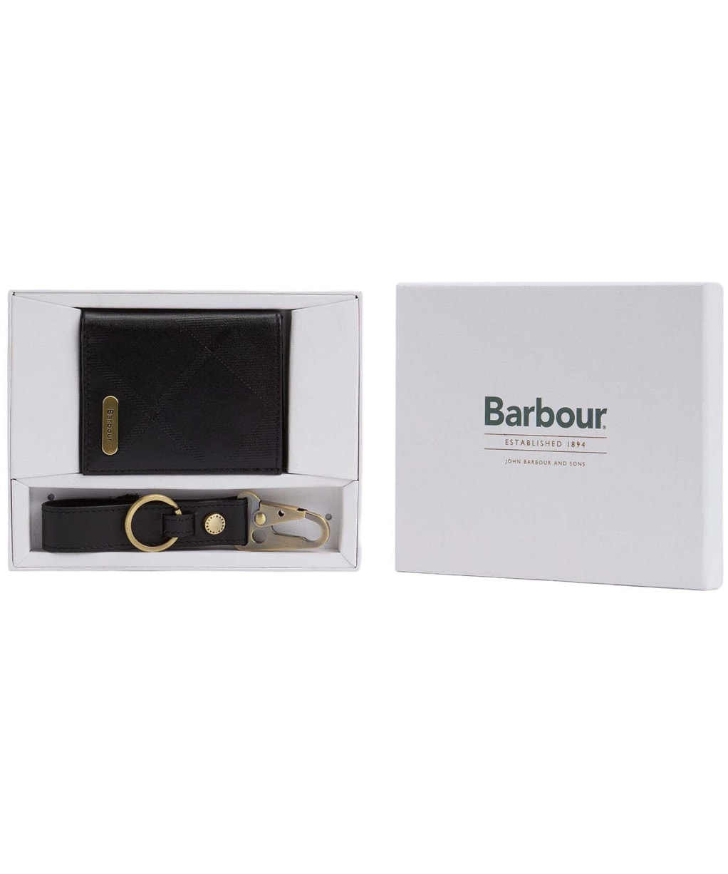 Men's Barbour Brunton Leather Gift Set - Black Deboss Tartan