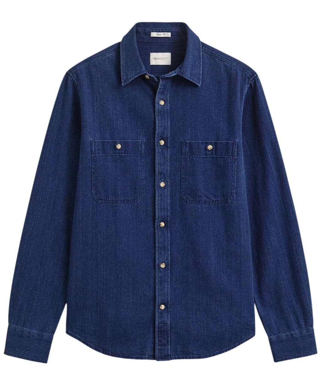 Men's GANT Regular Fit Indigo Herringbone Shirt - Mid Blue