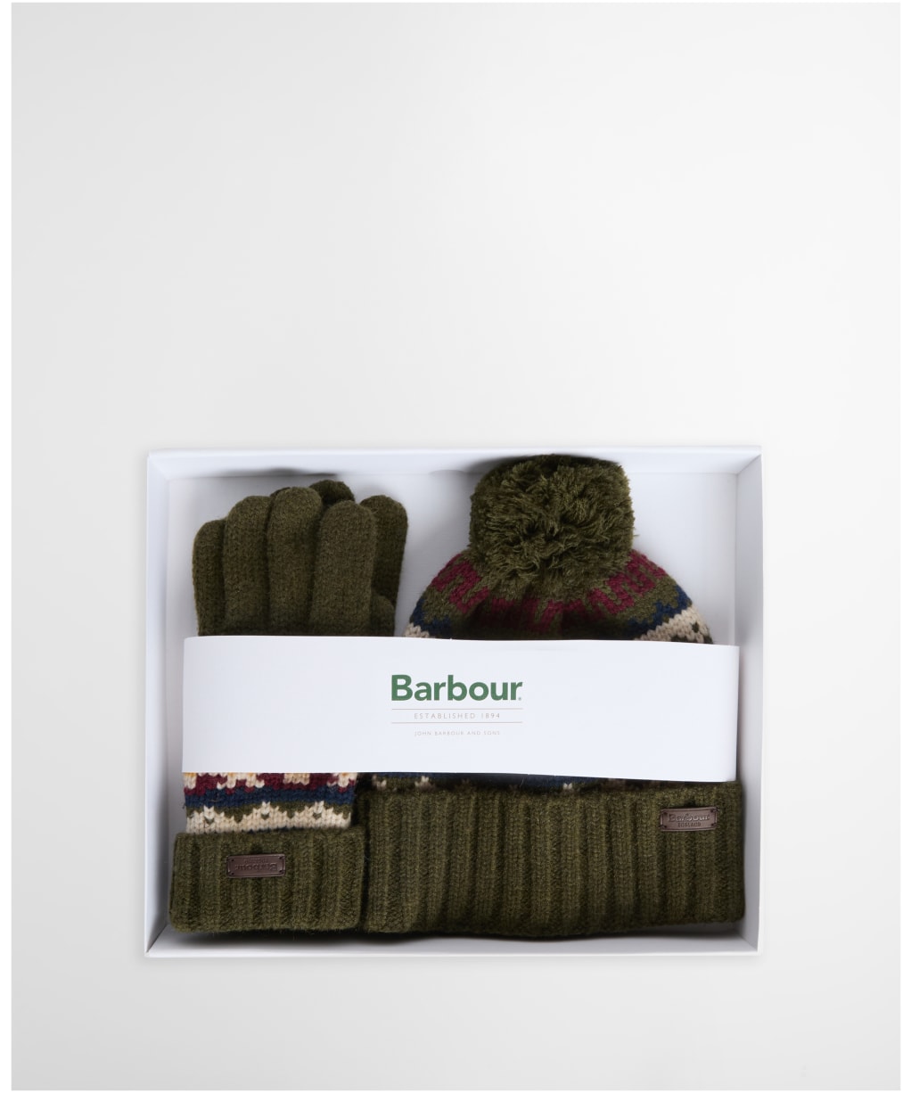 Men's Barbour Kane Knitted Beanie & Gloves Gift Set - Dark Olive