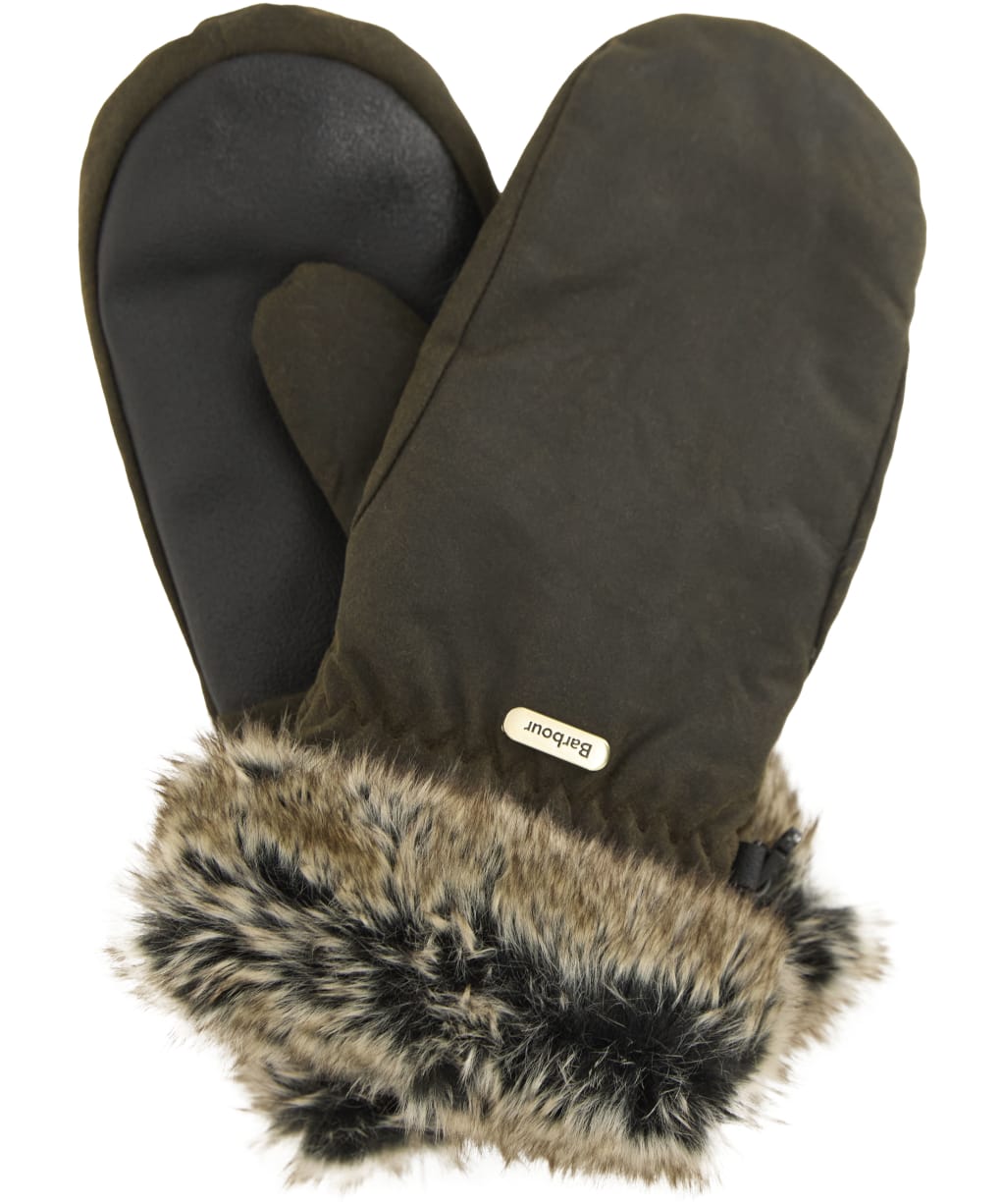 Women's Barbour Wax Faux Fur Trim Mittens - New Olive