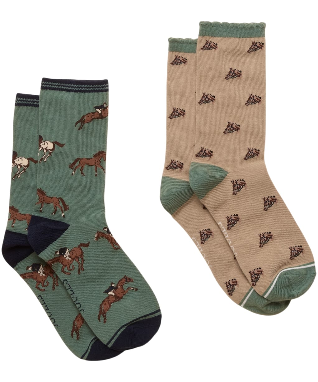  Women's Joules Everyday Sock - 2 Pack - Green / Neutral Horse