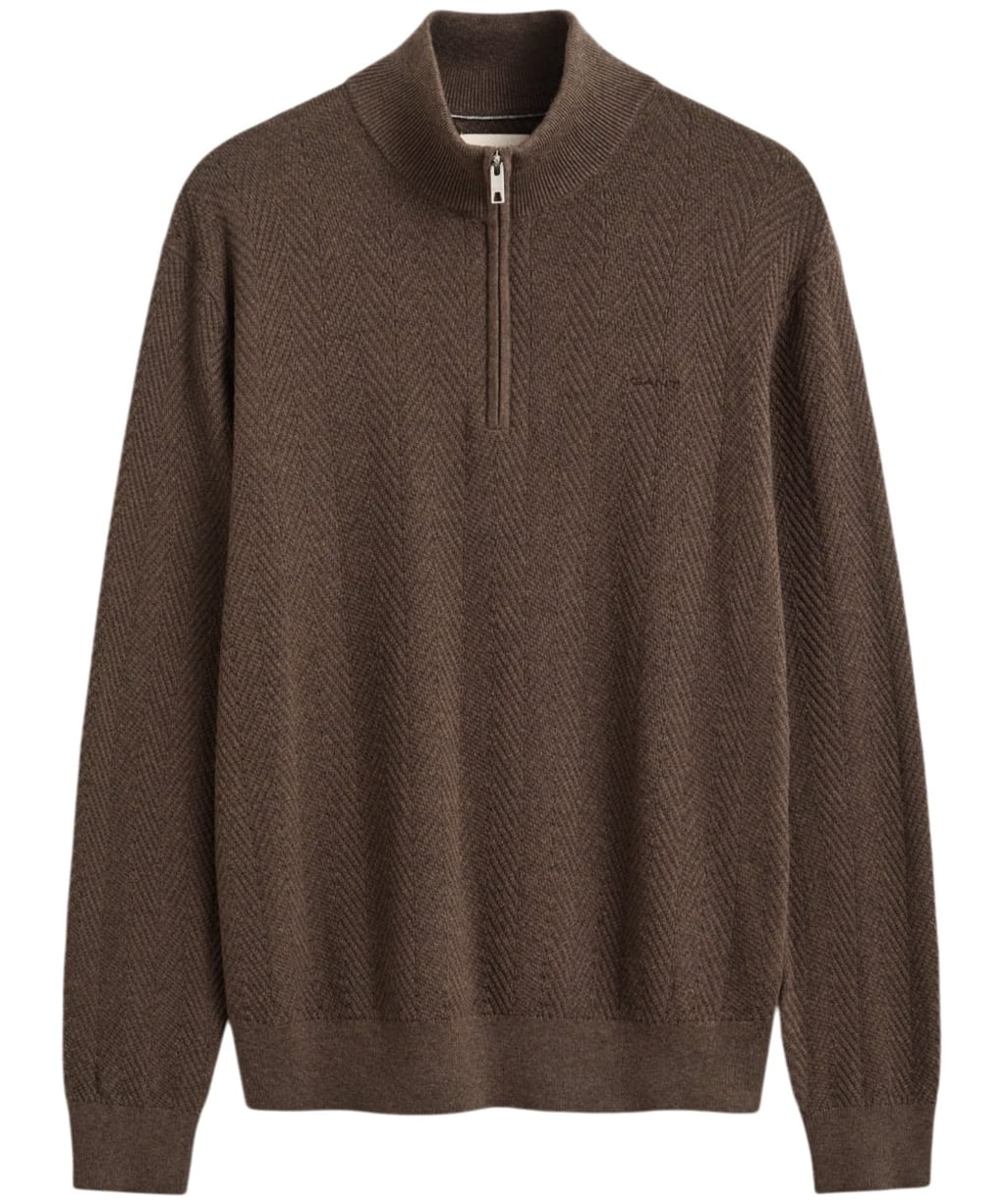  Men's GANT Herringbone Texture Half Zip Sweater - Brown Melange
