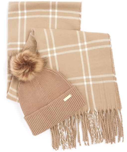 Women's Barbour International Mallory Beanie & Windowpane Wrap Set - Light Trench