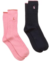  Women's Joules Cable Socks - 2 Pack - Navy / Pink