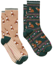 Women's Joules Everyday Sock - 2 Pack - Neutral Green Fox