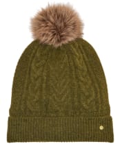 Women's Joules Cable Knit Bobble Hat - Khaki Green
