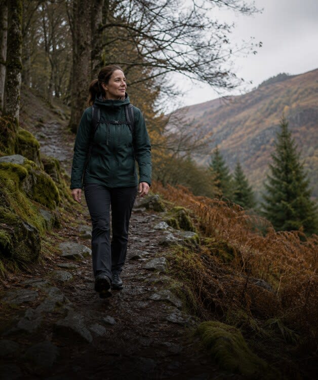 Women walking on a forest path in outdoor gear