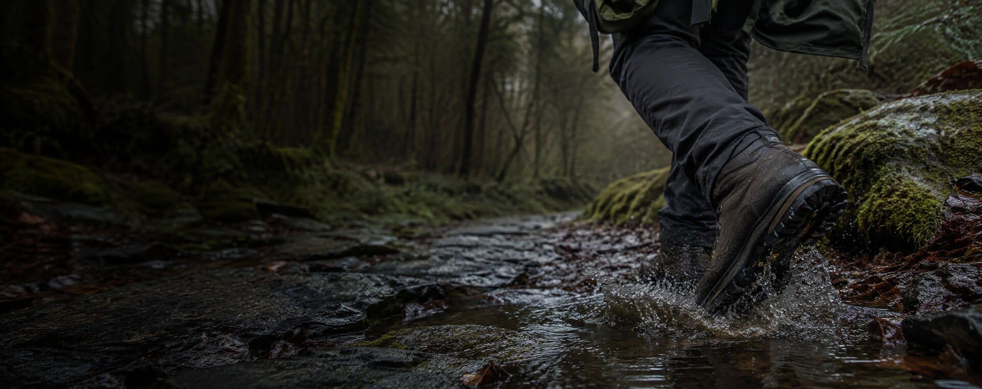 Man walking a muddy trail with waterproof boots