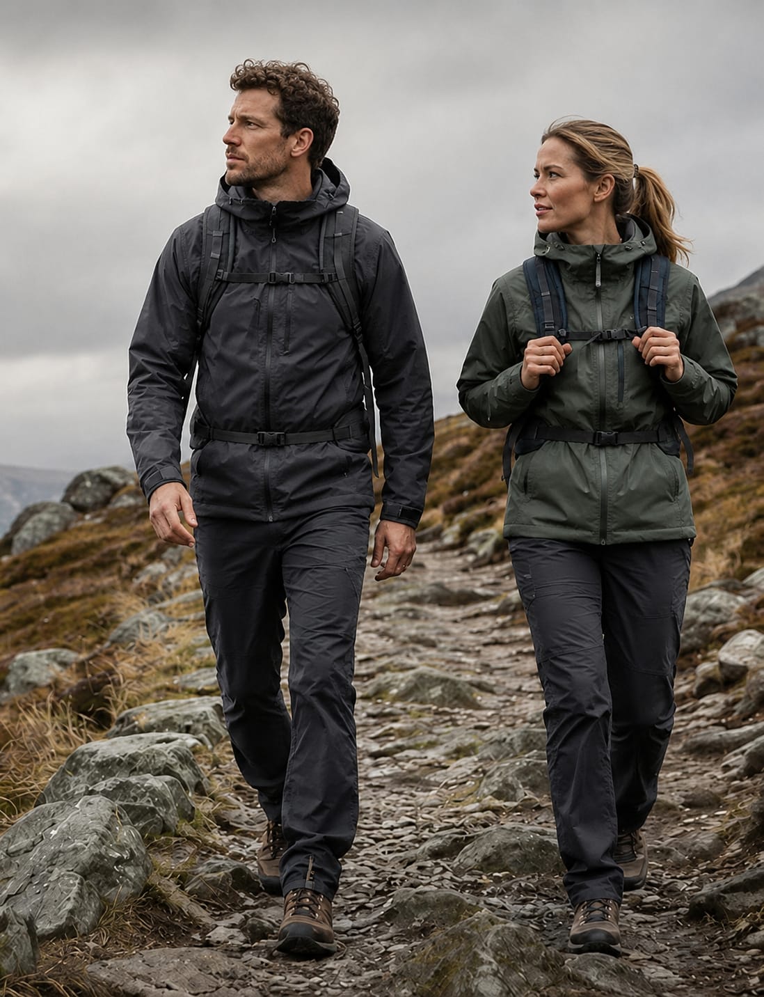Man and woman walking in wet weather on a hilside